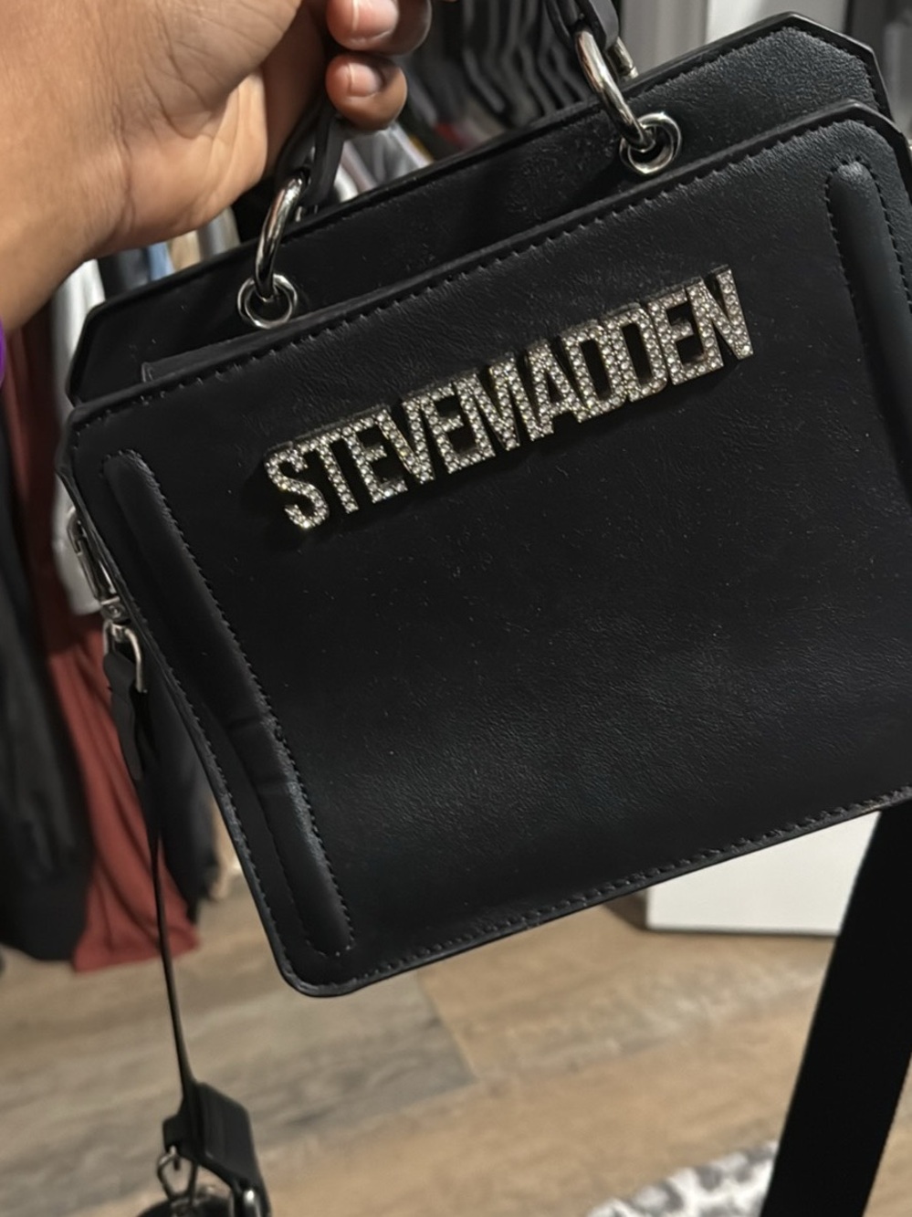 Steve Madden Black Satchel with Crystal Logo
